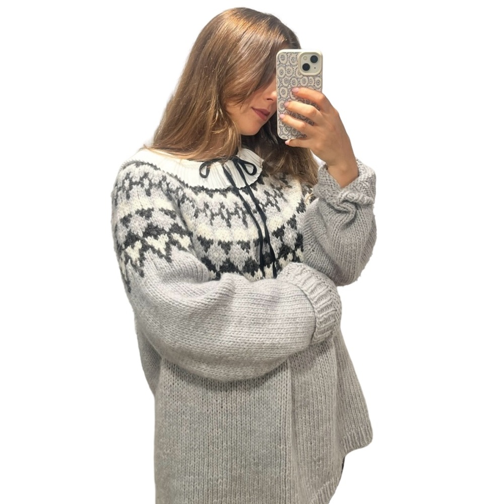Hand Made Knit Fair Isle Elegant Gray Patterned Cottage Core Cozy Boho Preppy - Picture 2 of 7